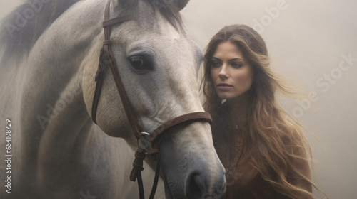 A sense of majesty envelops the scene as a woman and her horse stand tall