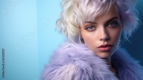 Young blonde woman in vibrant purple fur strikes a compelling pose against a light silver and azure backdrop. Bold and modern aesthetic, ideal for branding and marketing campaigns.