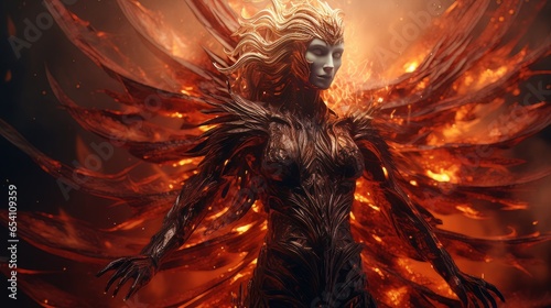 Woman demon with wings against the background of hell. Christian apocalypse AI