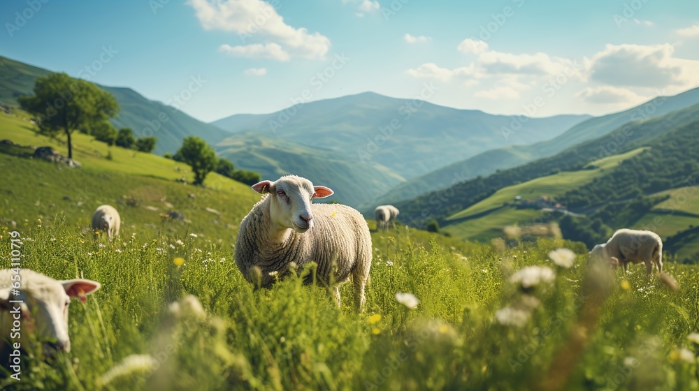 Fototapeta premium Agriculture Industry: Sheep grazing in pasture, sheep grazing on farm