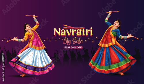 PrintGarba Night poster for Navratri Dussehra festival of India. vector illustration design of peoples playing Dandiya dance.
