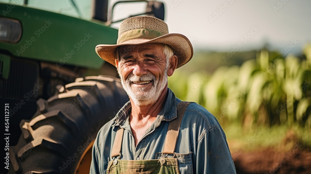 A Close - up view of corn farmer standing near tractor, happy farmer at work, preparing soil for planting, tractor in plantation industry, farming background