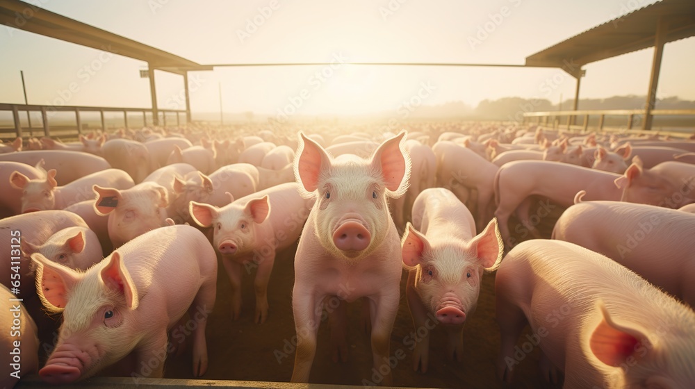 Agricultural Crops: Pigs in pig farms still eat from troughs. Food in the barn, healthy pigs, pig farm - obrazy, fototapety, plakaty 