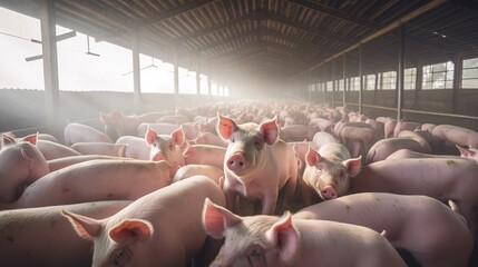 Agricultural Crops: Pigs in pig farms still eat from troughs. Food in the barn, healthy pigs, pig farm