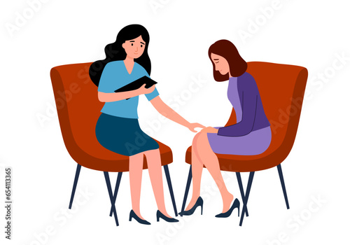 Female patient with psychologist or psychotherapist sitting on sofa. Psychotherapy session. Mental health, depression.