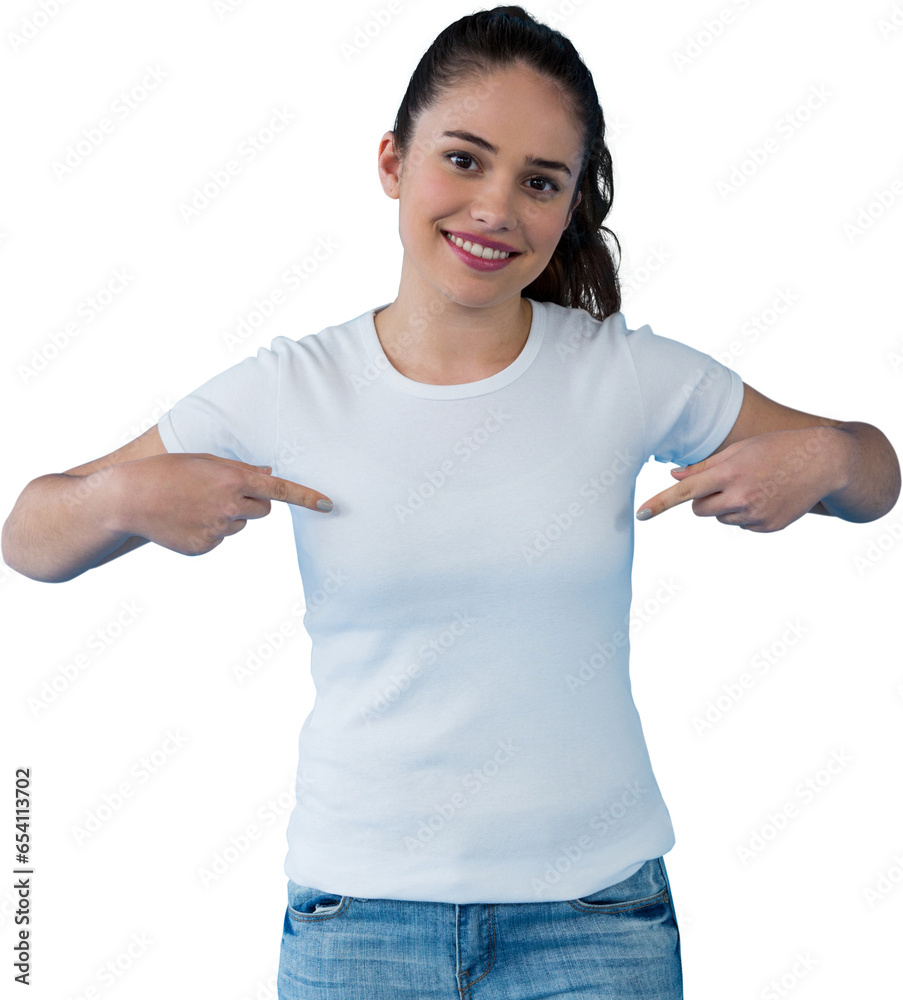 Digital png photo of happy caucasian girl showing white t-shirt on transparent background Digital png photo of happy caucasian girl showing white t-shirt on transparent background
