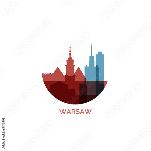 Poland Warsaw cityscape skyline capital city panorama vector flat modern logo icon. Eastern Europe region emblem idea with landmarks and building silhouettes