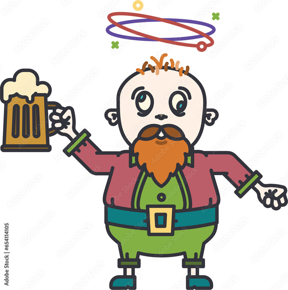 Digital png illustration of bearded drunk man with mug of beer on transparent background