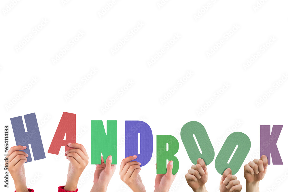 Digital png illustration of hands and handbook text on transparent background - obrazy, fototapety, plakaty 