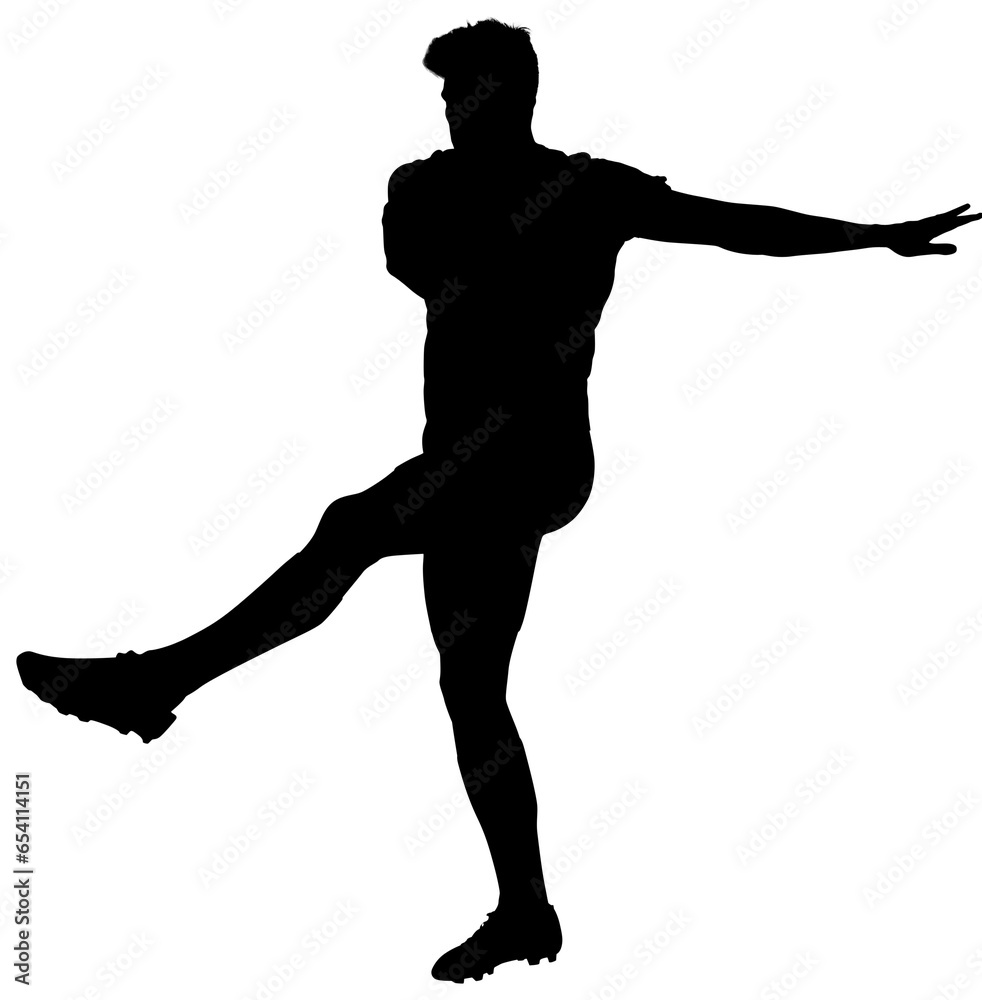 Digital png silhouette of male footballer kicking on transparent background