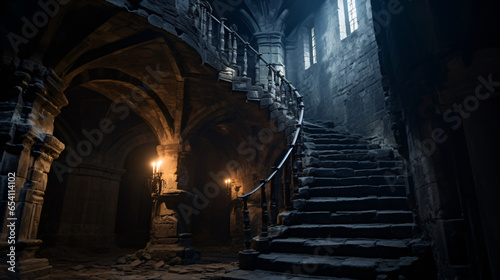 Ascend the spiraling stairs of a castle's ominous tower, mysterious and haunting