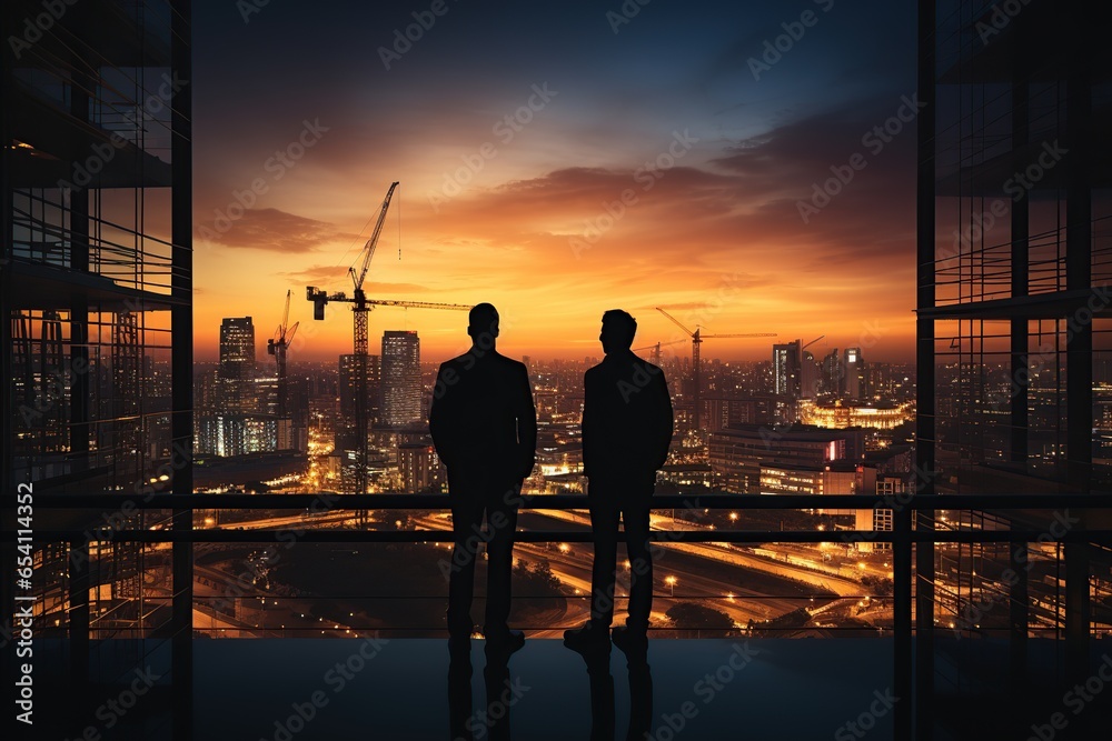 Fototapeta premium Smart civil engineer standing looking at unfinished construction project. Generative Ai