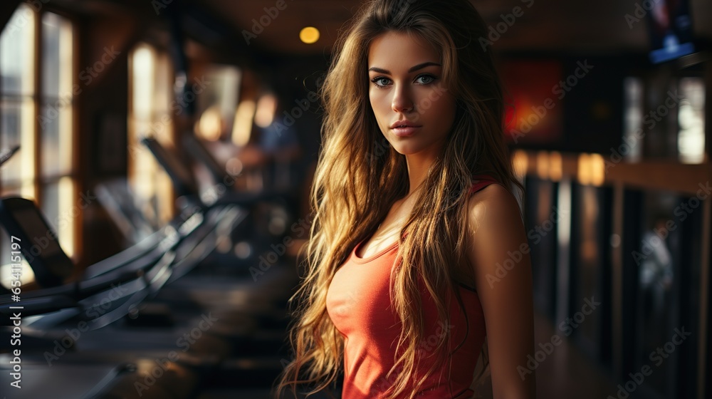 Cheerful female athlete standing at gym, sports and leisure concept.