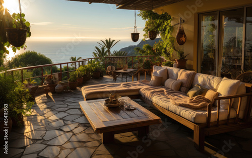 Terrace garden of Malibu. Generating AI