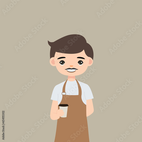 man barista cartoon character working at cafeteria making coffee for client vector illustration