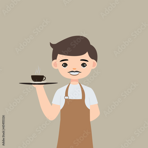 man barista cartoon character working at cafeteria making coffee for client vector illustration