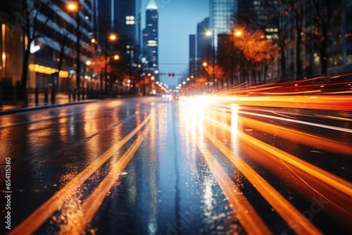 Street scene with blurry traffic, glowing car light dots, minimalist abstracts. Generative AI.