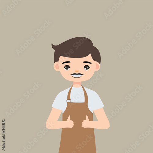 man barista cartoon character working at cafeteria making coffee for client vector illustration