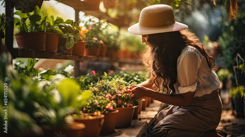 A young woman in a hat works on plants in the nursery © jr-art