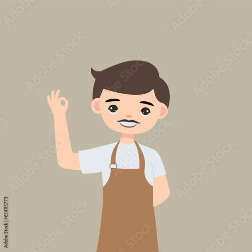 man barista cartoon character working at cafeteria making coffee for client vector illustration