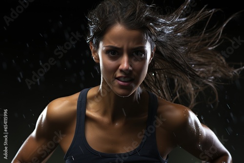 Woman in sports clothes running on a treadmill at the gym. Strong athlete, female runner. Runner concept with copy space.