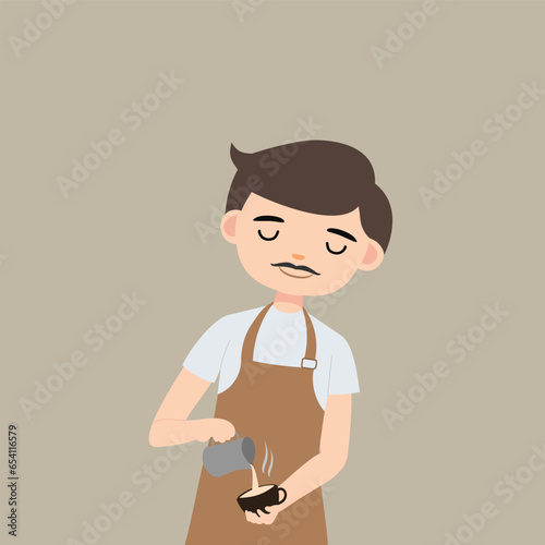 man barista cartoon character working at cafeteria making coffee for client vector illustration