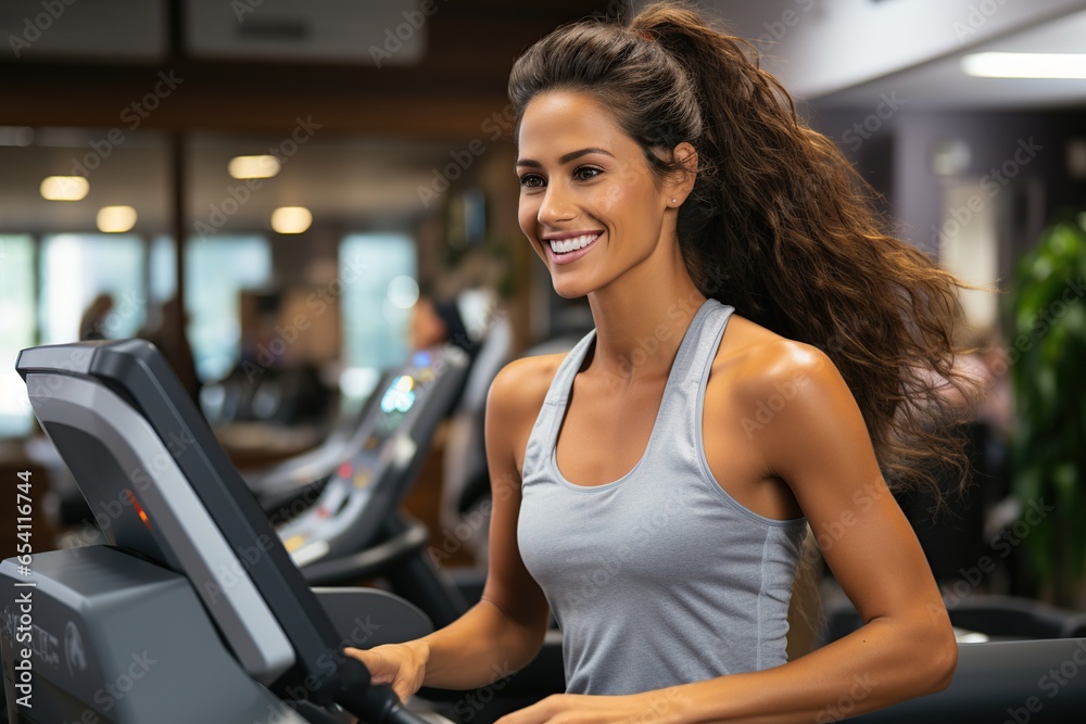 Woman in sports clothes running on a treadmill at the gym. Strong athlete, female runner. Runner concept with copy space.