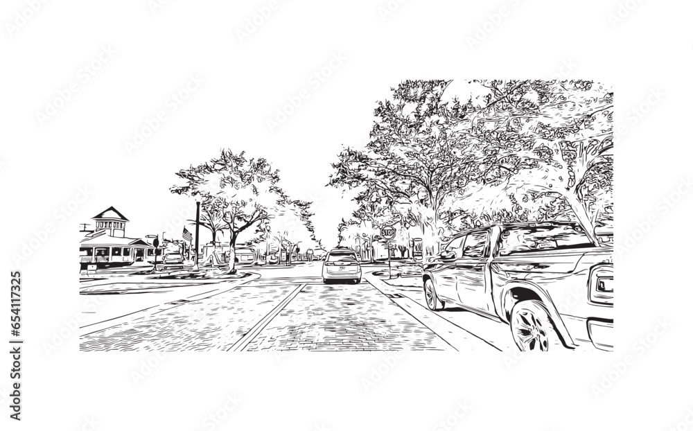 Building view with landmark of Sanford is the city in Florida. Hand drawn sketch illustration in vector.