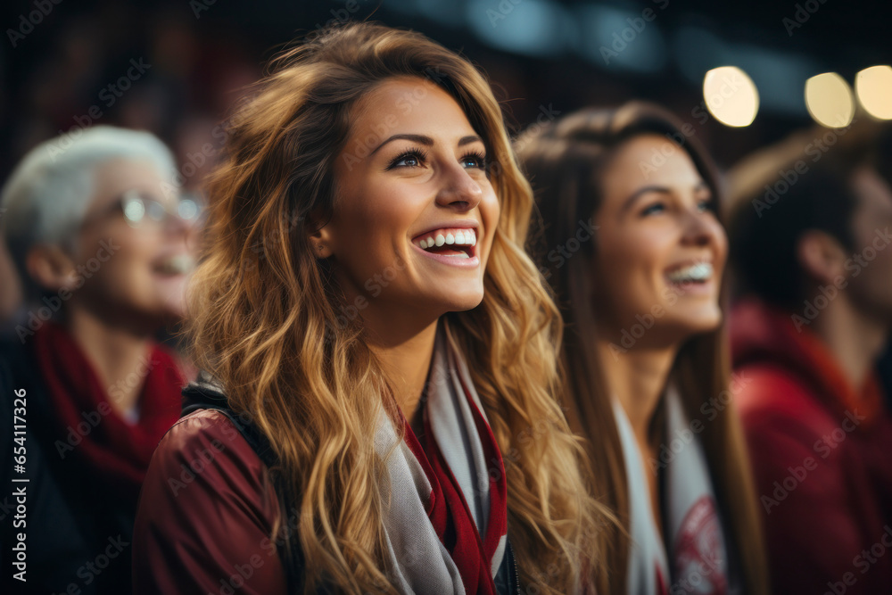 A group of attractive women sat in a football stadium watching sports
