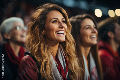 A group of attractive women sat in a football stadium watching sports
