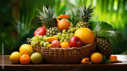 Wicker basket full of tropical fruits on green leaves background