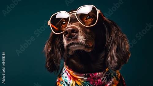 Dog in Hawaiian Shirt and Sunglasses Graces Top Fashion © icehawk33
