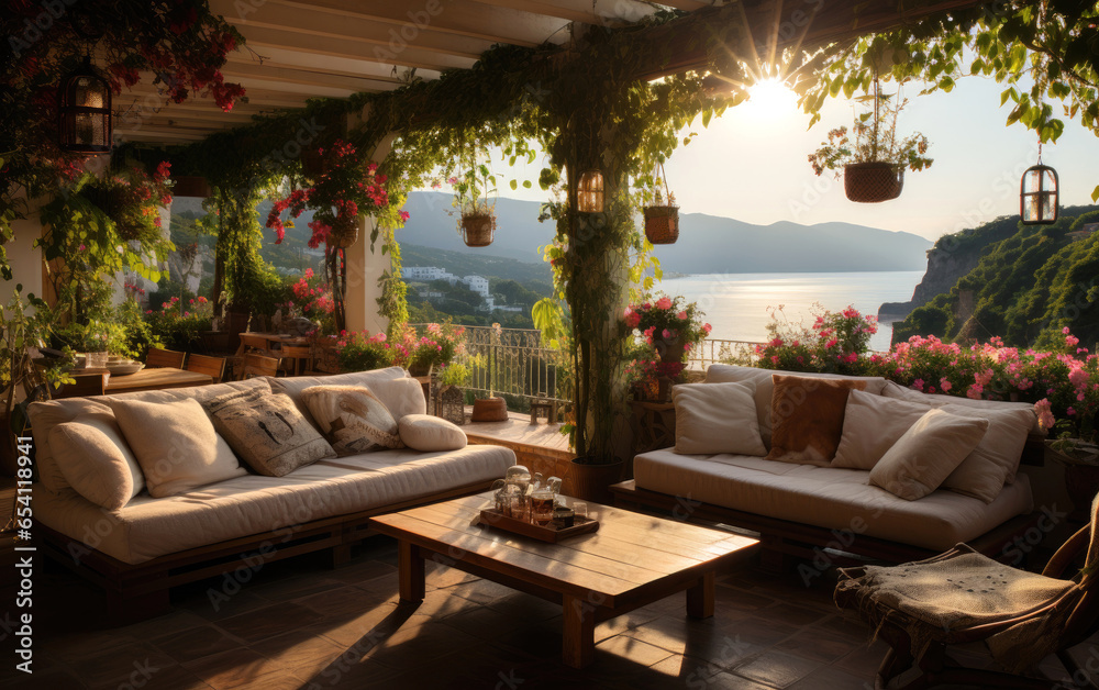 Fototapeta premium Terrace garden of Malibu. Generating AI