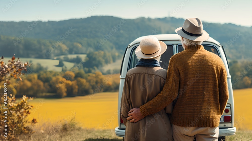 A senior couple embarking on a journey in their van. The spirit of adventure and freedom. The essence of van life travel, with the couple enjoying their golden years, exploring new places.