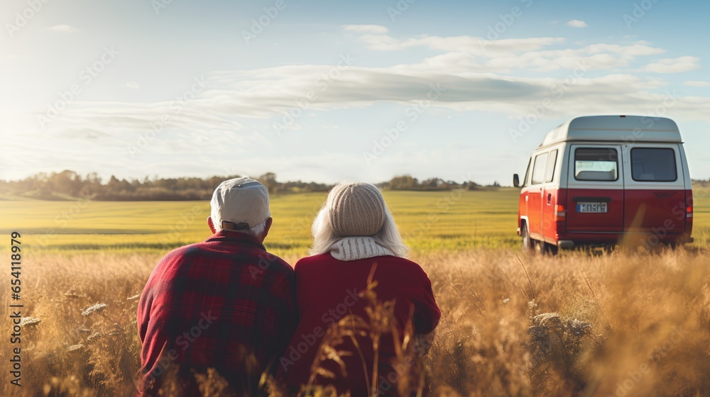 A senior couple embarking on a journey in their van. The spirit of adventure and freedom. The essence of van life travel, with the couple enjoying their golden years, exploring new places. - obrazy, fototapety, plakaty 