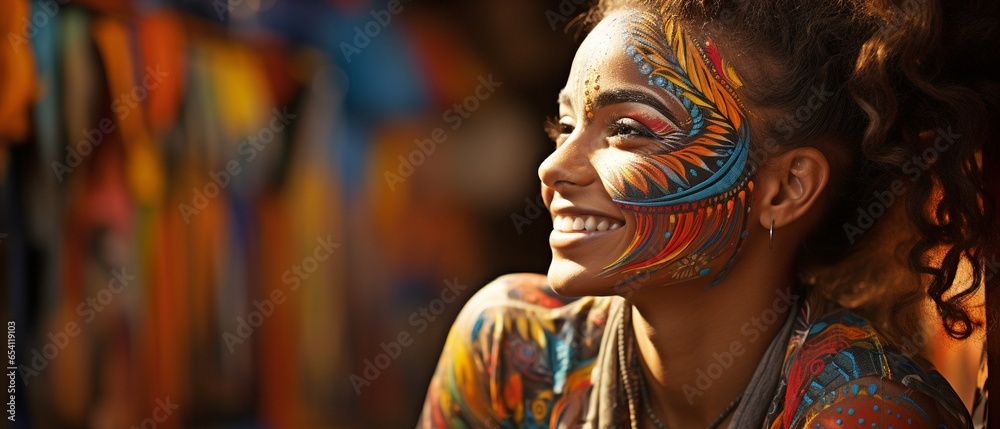 Black woman painting a rainbow on her face and grinning at the camera