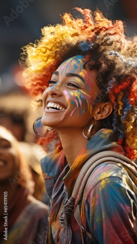 Black woman painting a rainbow on her face and grinning at the camera