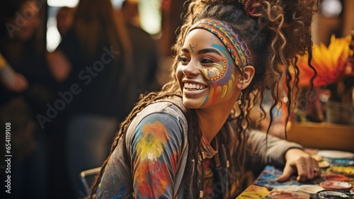 Black woman painting a rainbow on her face and grinning at the camera © tongpatong