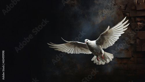 A white pigeon fliying with a dark grunge background copy space