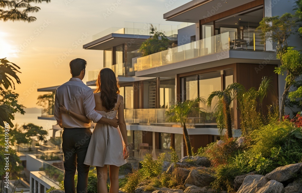 young Asian couple in back, embracing, gazing at contemporary home young Asian couple in back, embracing, gazing at contemporary home