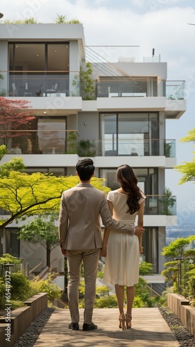 young Asian couple in back, embracing, gazing at contemporary home