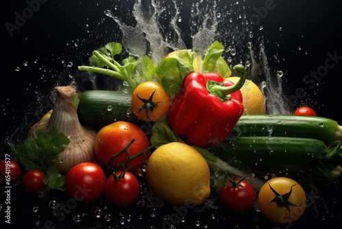 Photo of various vegetables with water splashes.