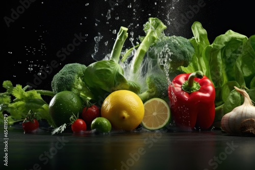 Photo of various vegetables with water splashes.