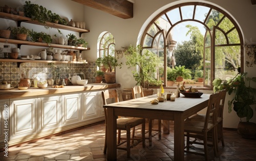 A Spanish kitchen in the mediterranean style is filled with plants. Generative AI