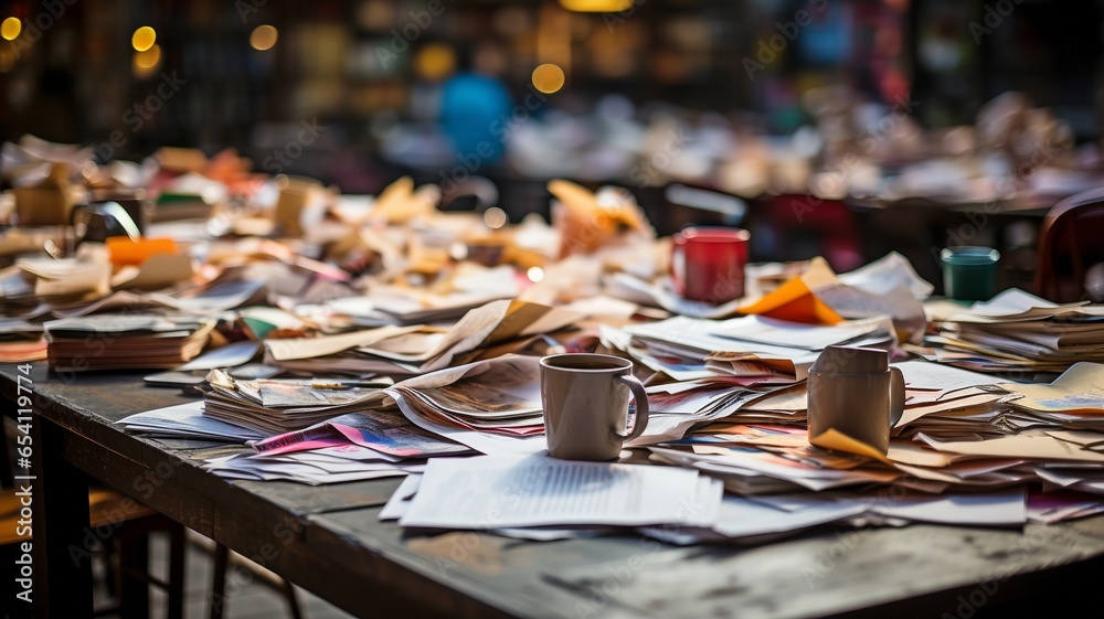 A close-up of a cluttered table with coworkers in the background A close-up of a cluttered table with coworkers in the background
