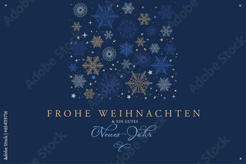 Frohe Weihnachten und ein glückliches neues Jahr-Banner mit Sternen und Schneekristallen in vier Farben: Gold, Hellgrau, Blau und Hellblau. Vektorgrafik-Ressource. photo