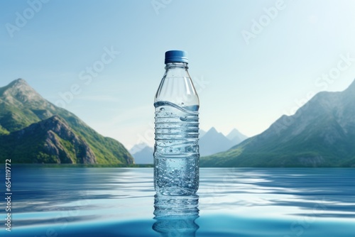 Water bottle aesthetic scenery blue background ultra realistic.