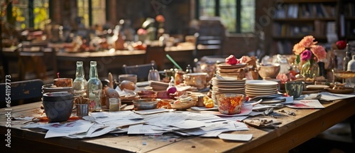 A close-up of a cluttered table with coworkers in the background