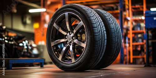 A modern tire showcased in an ambient garage setting, emphasizing its design and durability. © Liana