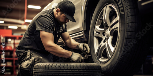 Skilled technician focused on fitting a tire onto a car, capturing expertise and commitment to quality service. © Liana